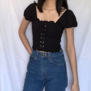 [SOLD] Black Smocked Lace-Up Crop Top